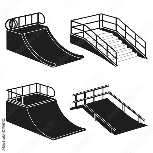 Set of Four Black and White Isometric Skatepark Ramps and Stairs