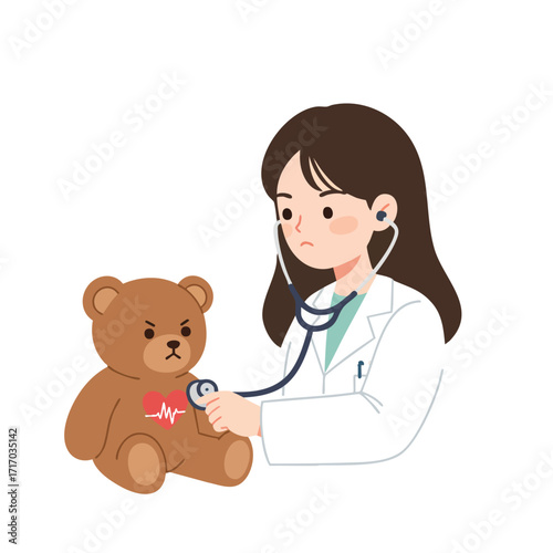 a girl wearing a white doctor's coat with a stethoscope around her neck, checking a teddy bear's heartbeat with a serious expression