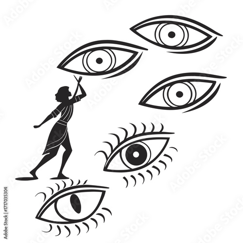 Silhouette of a Figure Reaching for Floating Eyes woman