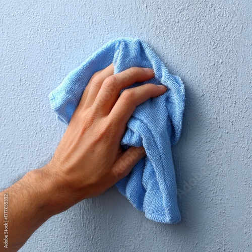 A hand wiping a blue wall with a soft cloth. Cleanliness and tidiness in the image