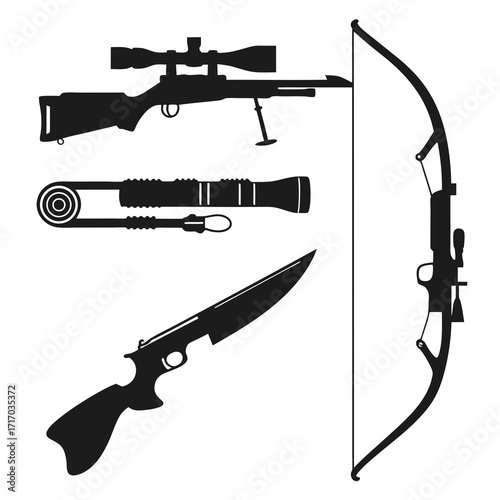 Silhouette of hunting weapons including rifle bow and knife