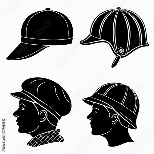 Silhouettes of hats and profile portraits of people wearing caps