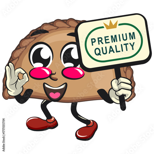 cute empanada mascot character vector illustration carrying a sign board that says premium quality while giving an okay sign, work of hand drawn