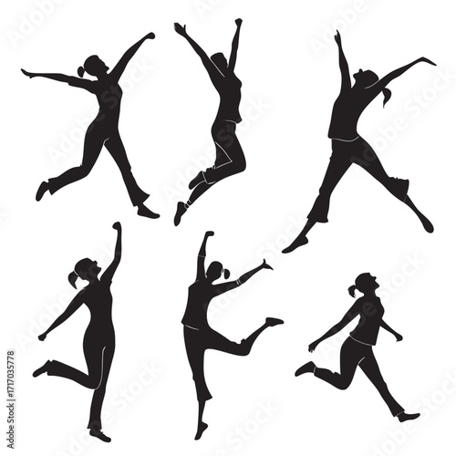 Silhouettes of six women in joyful jumping and dancing poses