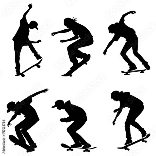 Silhouettes of Skateboarders Performing Tricks on White Background