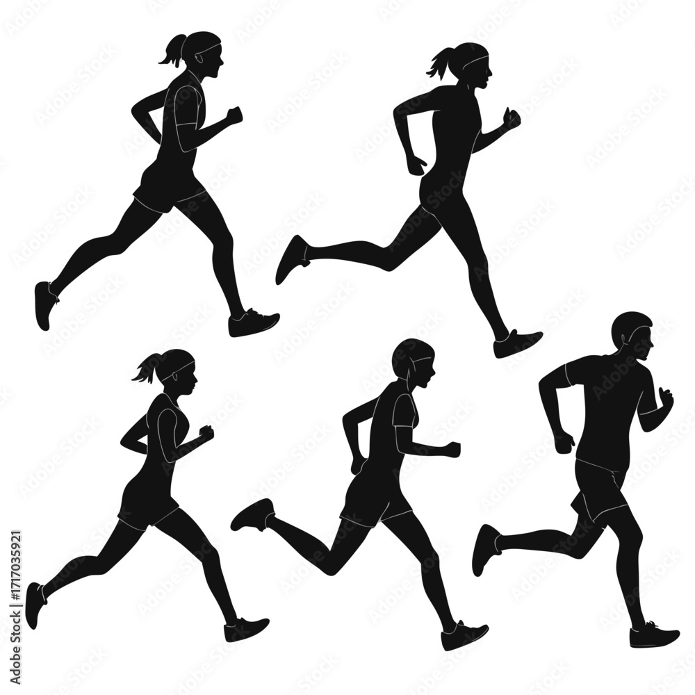 Fototapeta premium Six athletes running in silhouette on white background Keywords: running, athletes, sport