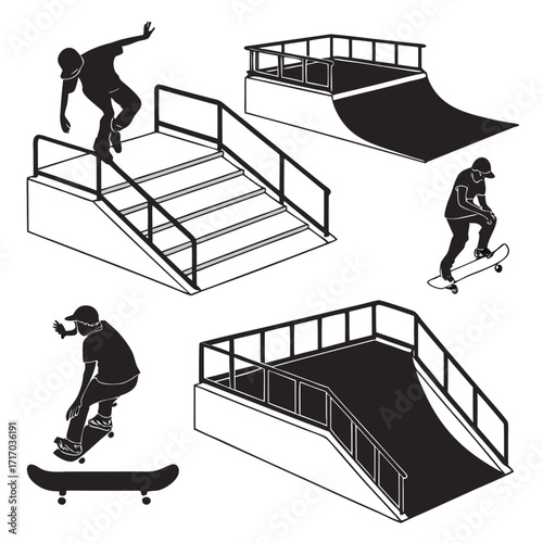 Skateboarders performing tricks on park obstacles silhouette