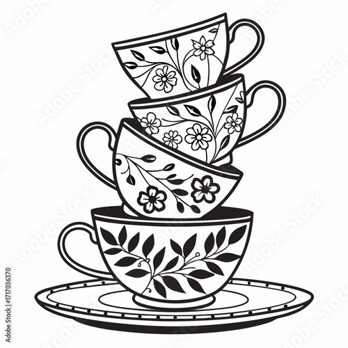 Stacked Decorative Tea Cups with Floral Designs teacup
