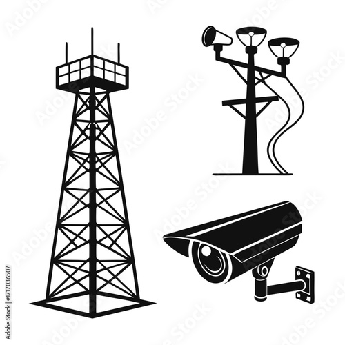 Surveillance Tower Camera and Lights Silhouettes security
