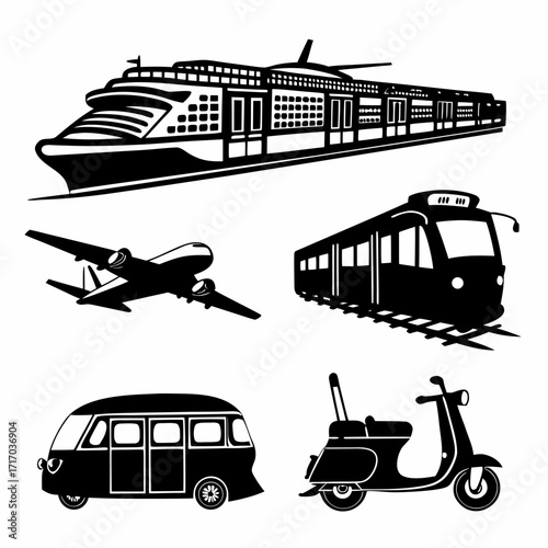 Various Transport Modes Including Van and High- Speed Train Keywords: airplane, aircraft, jet