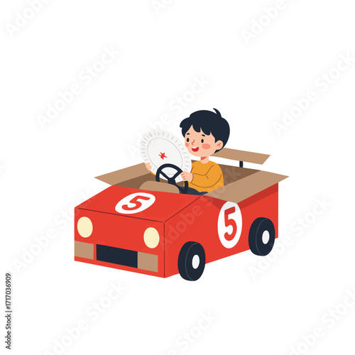a child sitting inside a large cardboard box decorated like a red race car with the number 5, holding a paper plate as a steering wheel, 