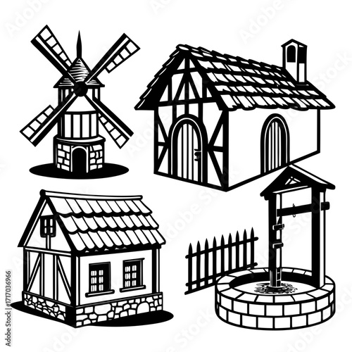 Vintage Farmstead Buildings Silhouette Graphics windmill