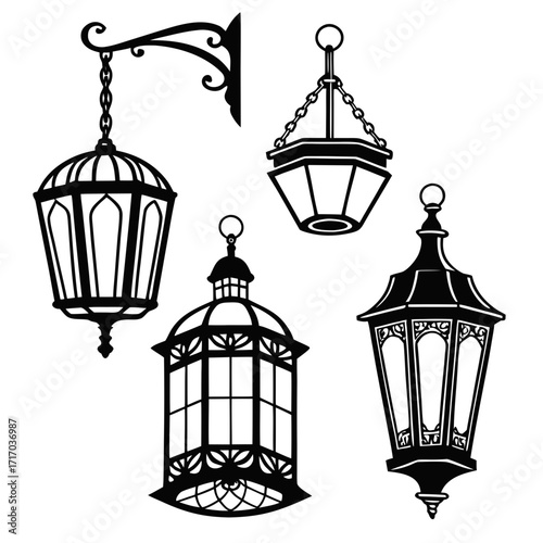 Vintage Hanging Lantern Silhouettes Set lamp light