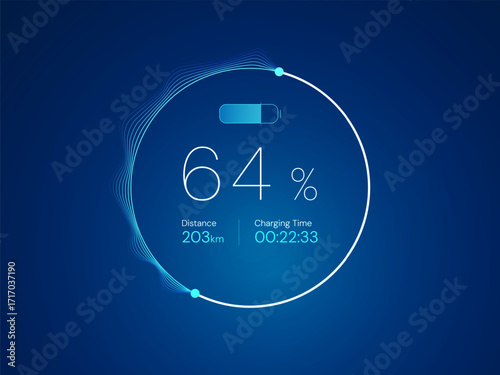 Electric Vehicle battery charging Interface with Minimalist Thin Numbers battery percentage in abstract wavy moving Circular Progress Bar vector design concept. Battery charging dashboard for ui, web.