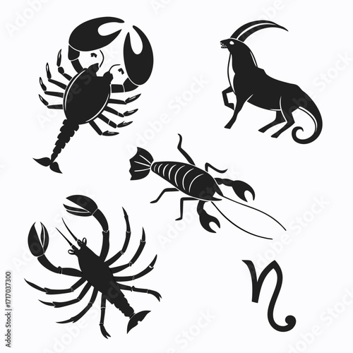 Zodiac signs Cancer Scorpio Capricorn and crayfish silhouette Keywords: cancer zodiac sign