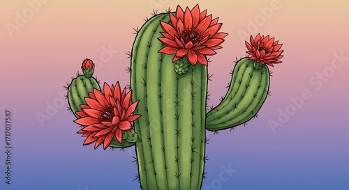 Cactus with red flowers illustration