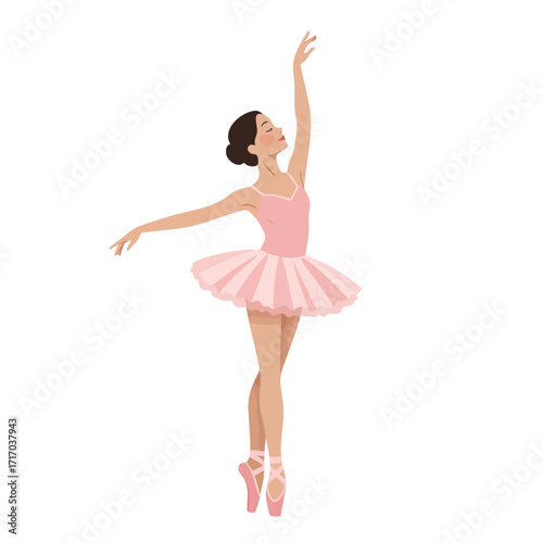 a girl wearing a pink ballet leotard and tutu, standing on her tiptoes (en pointe) with her arms raised gracefully