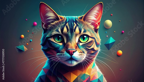 Vivid geometric cat portrait in a modern abstract style