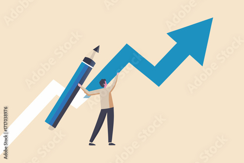 Man drawing an upward trending graph with a large pencil symbolizing growth and success