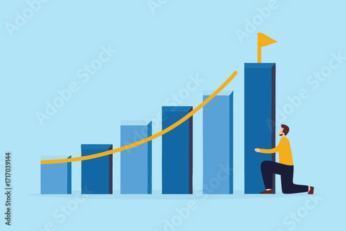 Man kneeling at the base of a rising bar graph reaching for a flag on the highest bar symbolizing success and achievement