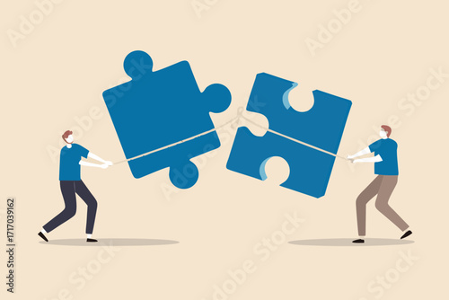 Two people pulling on ropes attached to large blue puzzle pieces trying to connect them