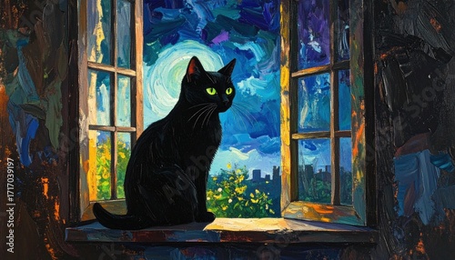 Black cat on a windowsill watching the moonlit city