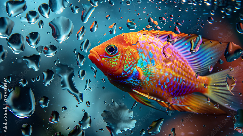 Fototapeta premium A colorful ornamental fish peers through a glass with water droplets