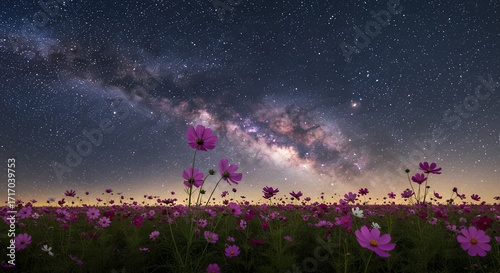 Milky way over pink cosmos field