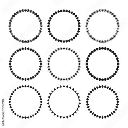Black ink empty geometrical shapes round emblems icons design elements set on white background