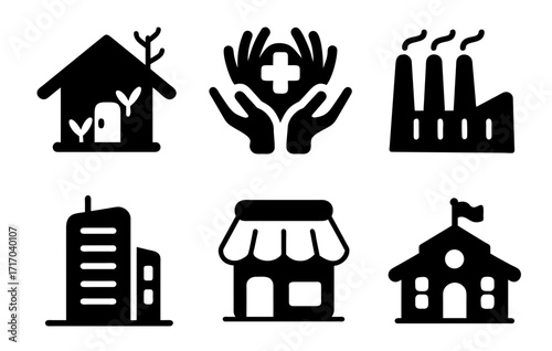 Iconic World: A set of stylized black icons showcases a home, care, factory, skyscraper, shop, and school, representing the foundational elements of life.
