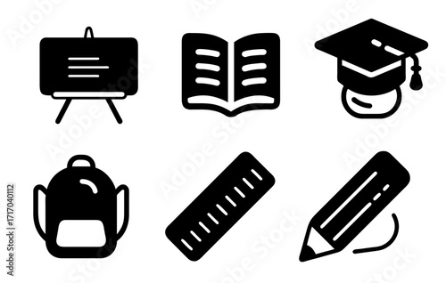 Iconic Education Set: A classic collection of education icons, including a blackboard, open book, graduation cap, backpack, ruler, and pencil, embodying learning and academic tools.