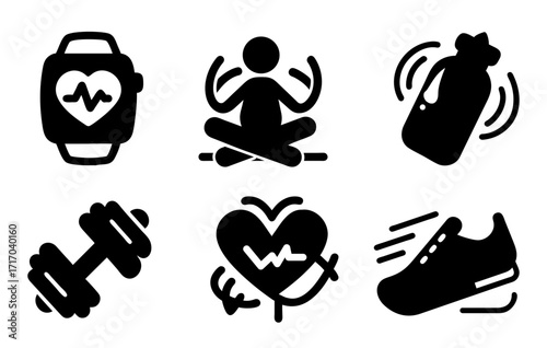 Health and Fitness Icons: A set of meticulously crafted monochrome icons captures the essence of health and fitness, encompassing various elements for promoting a balanced and active lifestyle.