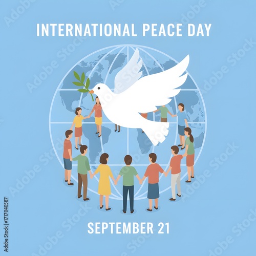 A white dove of peace flies over a diverse community holding hands in a circle around the planet Earth, celebrating global unity and harmony