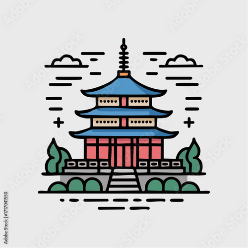 A stylized flat line art illustration of a traditional Japanese pagoda temple with surrounding nature.