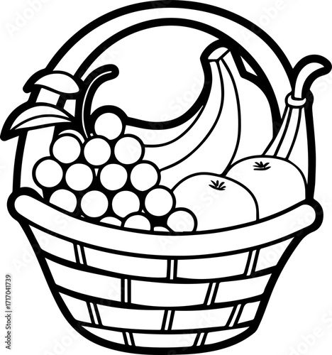 Vector drawing of a fruit basket, SVG with clean lines.Hand-Drawn Fruit Basket with Grapes, Bananas and Apples