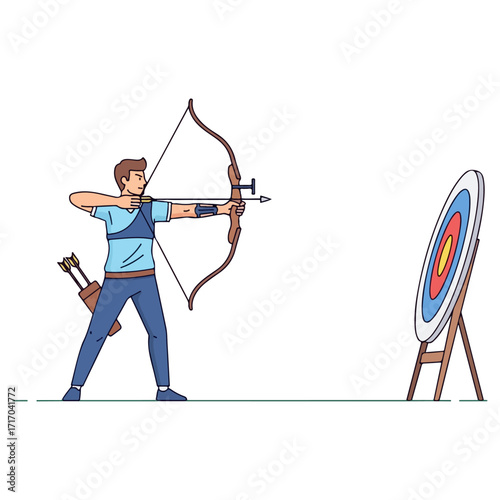 Archer aiming arrow at target with focused concentration.