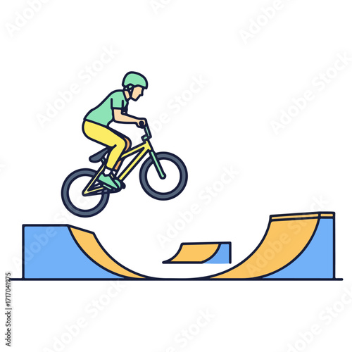 BMX rider performing a jump over a ramp in a skatepark.