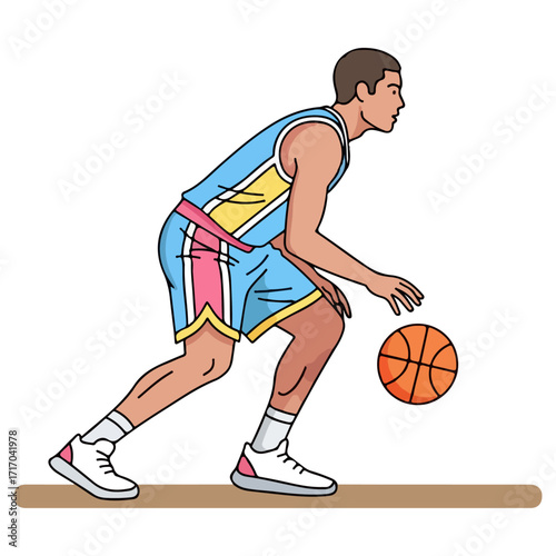 Basketball player dribbling the ball with focused determination on the court.