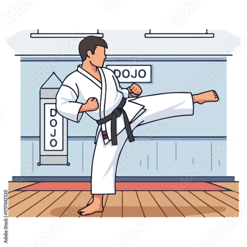 Karate practitioner executing a powerful front kick in dojo.