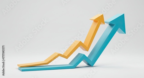 Two 3D arrows, one orange and one blue, rising upwards and to the right, symbolizing growth and positive trends.