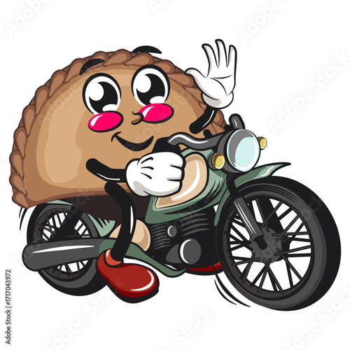 cute empanada mascot character vector illustration riding a big motorcycle, work of hand drawn