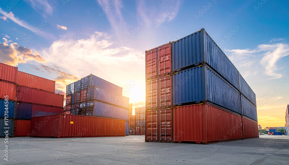 Fototapeta premium Stacked shipping containers in logistic warehouse yard
