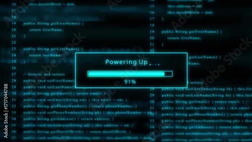 Teal Powering Up Progress Bar on a Background of Computer Code loading programming