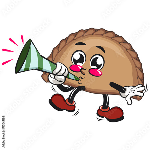 cute empanada mascot character vector illustration blow the party horn trumpet, work of hand drawn