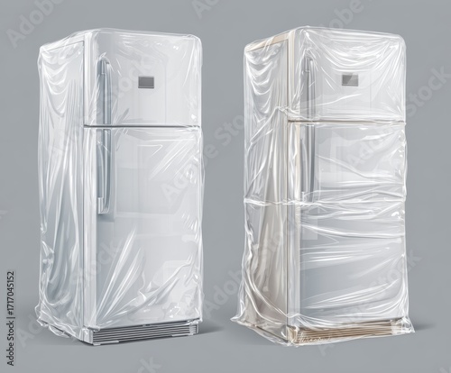 Two new refrigerators are wrapped in protective plastic, ready for delivery. They stand side by side, showcasing their pristine condition and newness