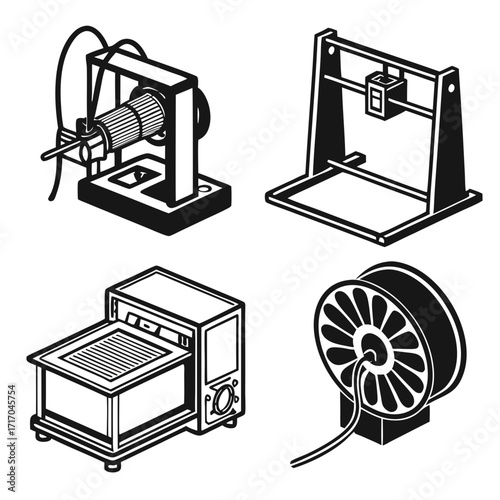 3D Printing Equipment Icons Set 3d printing printer
