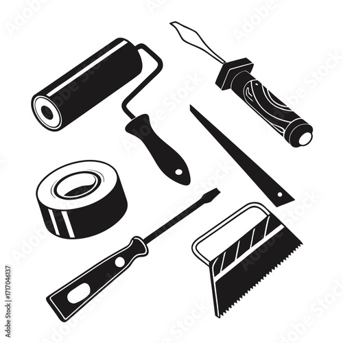 Assortment of black silhouette painting and repair tools