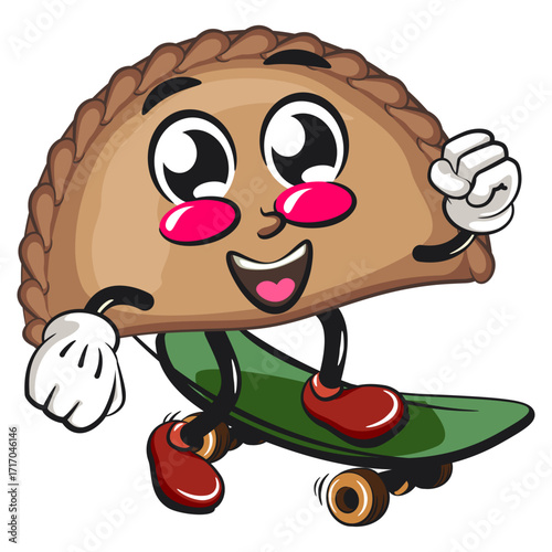 cute empanada mascot character vector illustration playing skateboarding, work of hand drawn