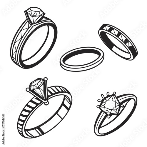 Assortment of Diamond Rings and Wedding Bands Line Art Keywords: ring, wedding, engagement
