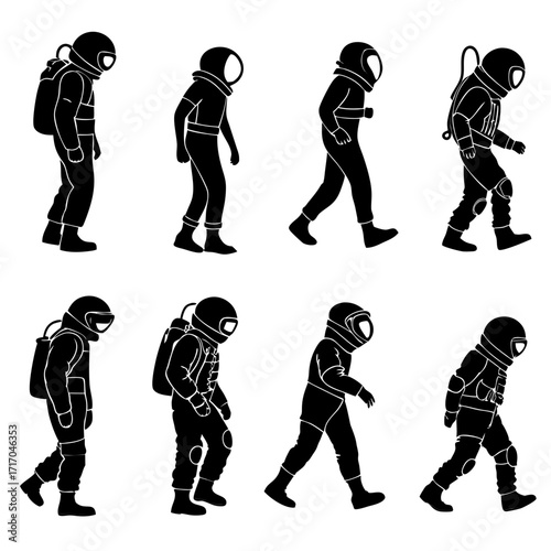 Astronaut Silhouettes in Walking Poses space suit movement